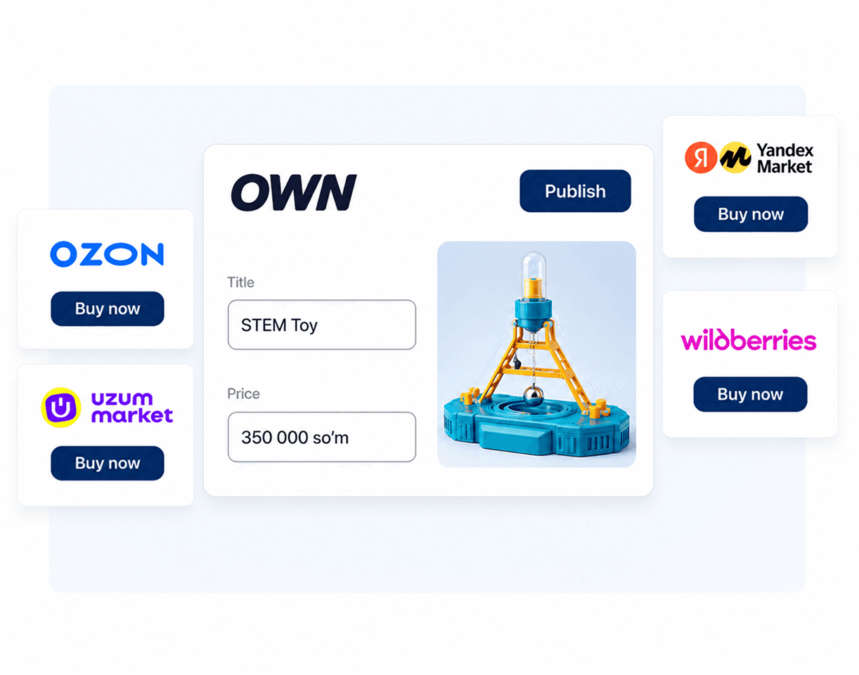 OWN product publish panel connected to Uzum Market, Ozon, Yandex Market, and Wildberries